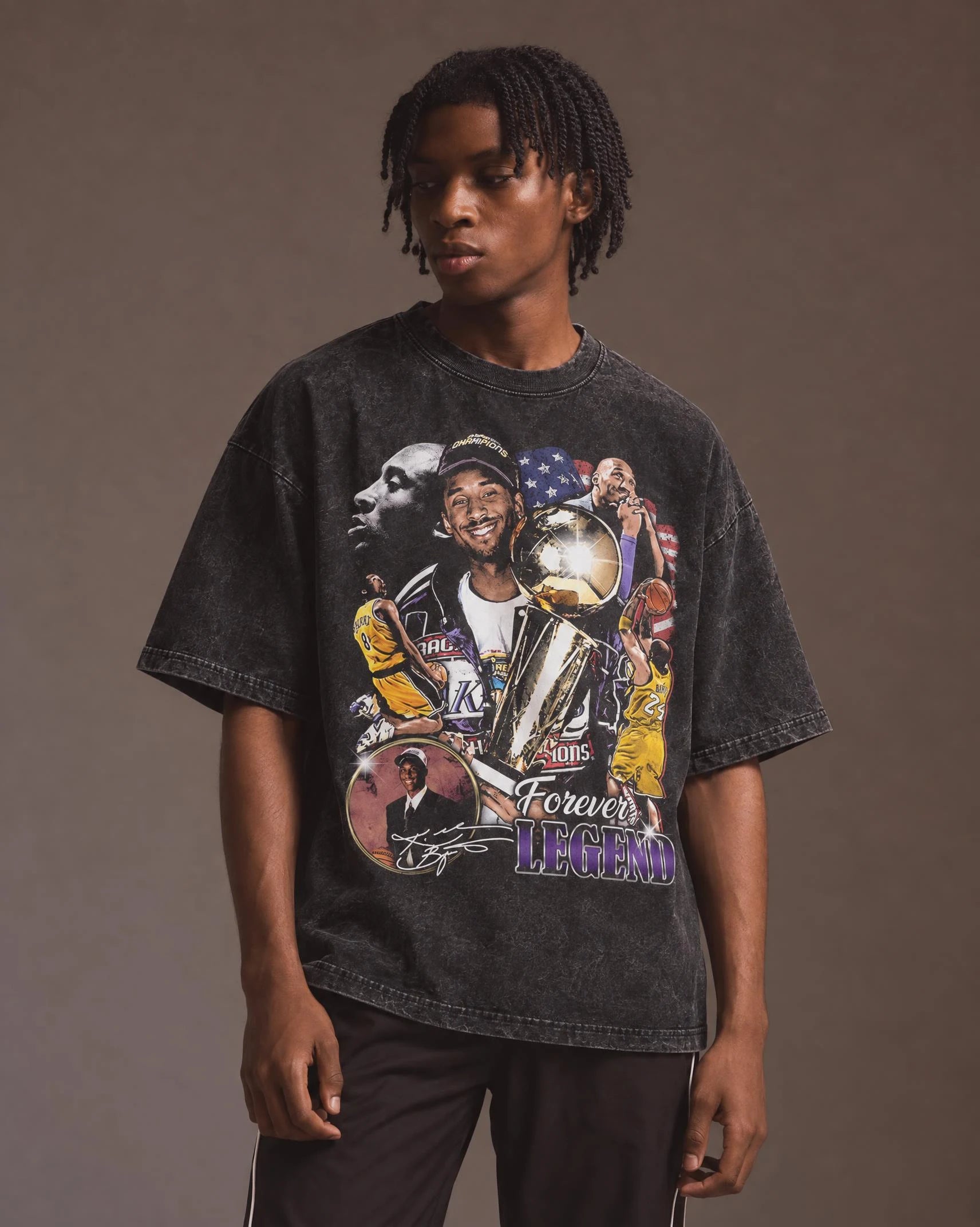 Model wearing the Kobe Bryant — Forever Legend Vintage Tee, front view