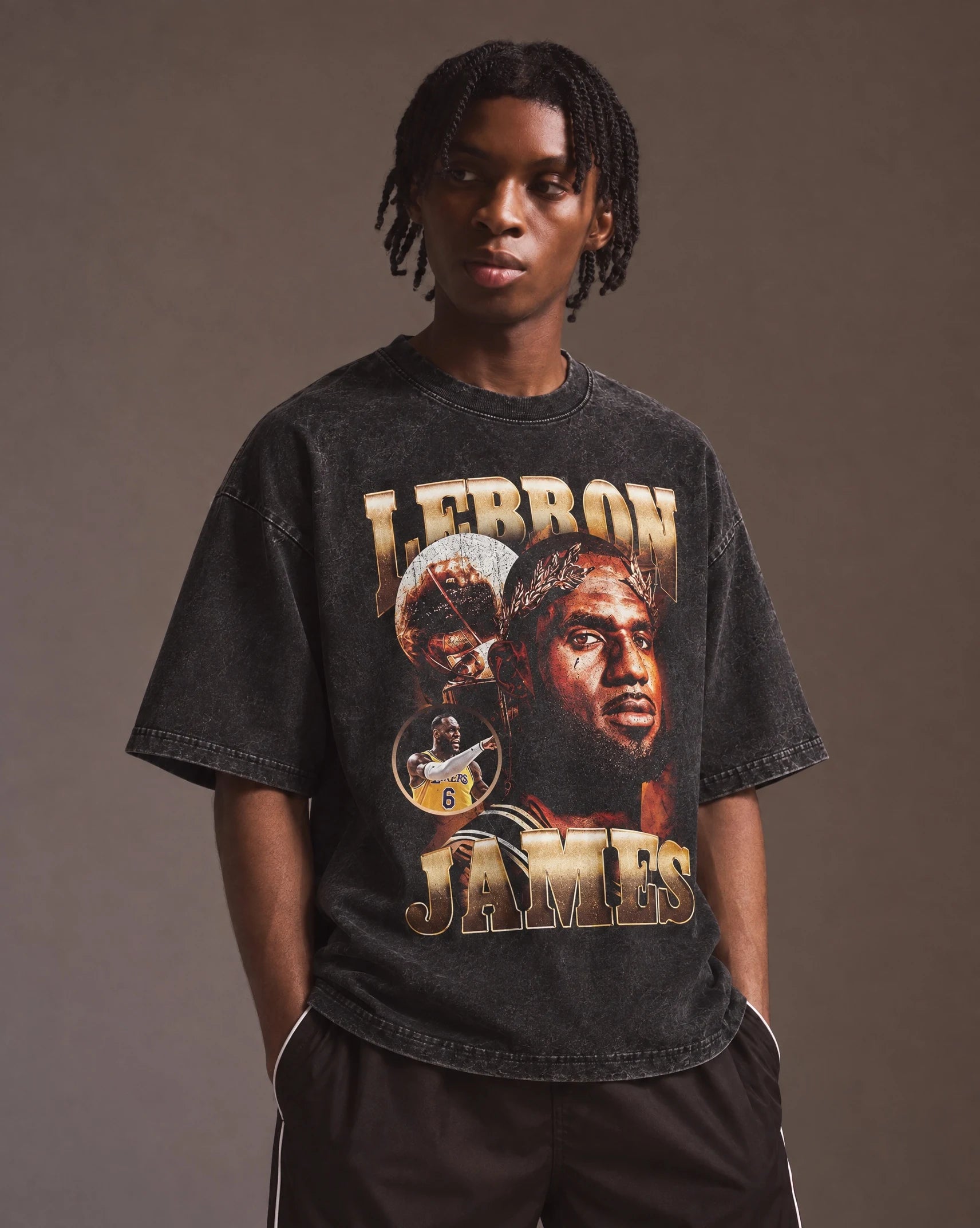 Model wearing the LeBron James — Crowned King Tee, front view