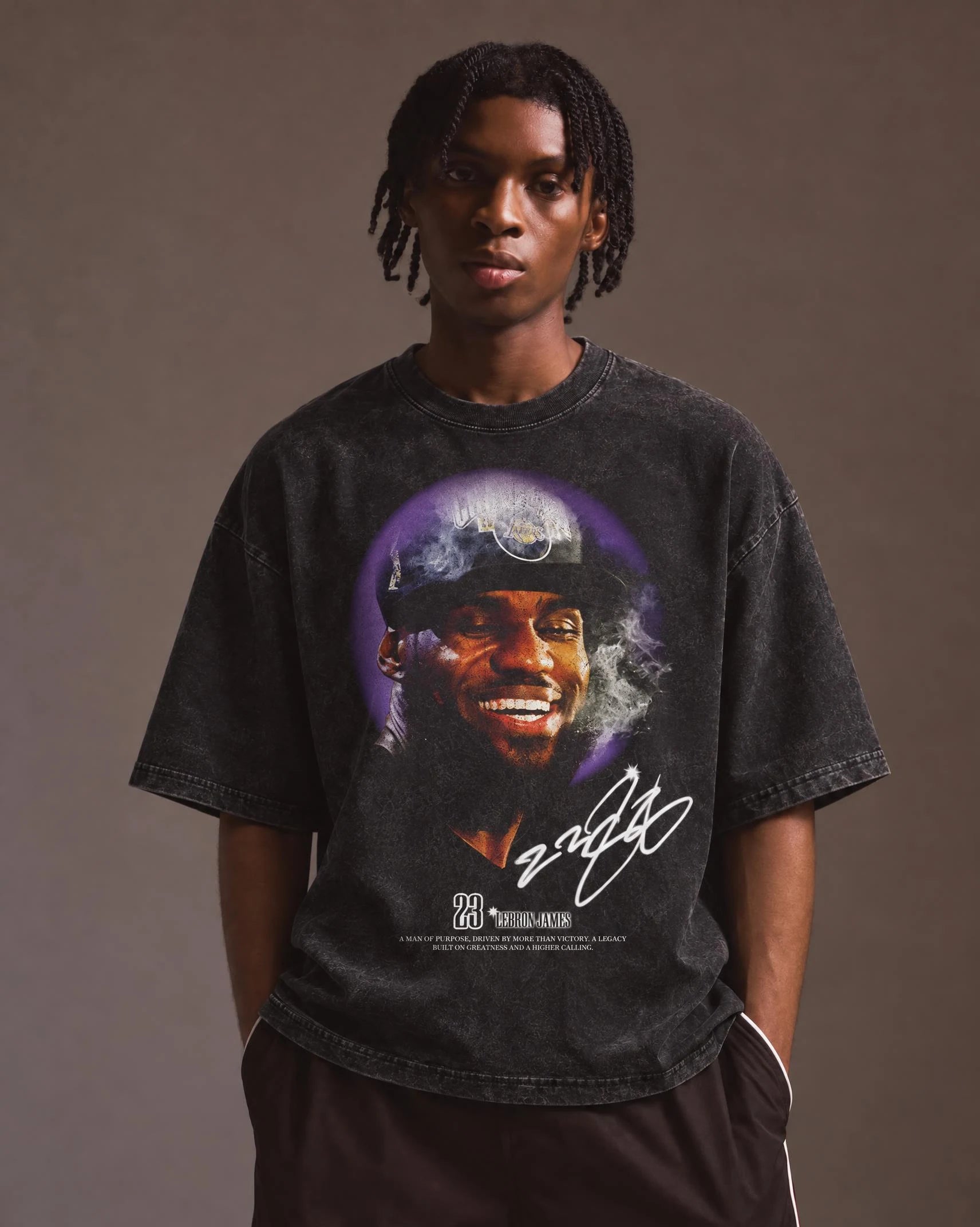 Model wearing the LeBron James — King 23 Tee, front view